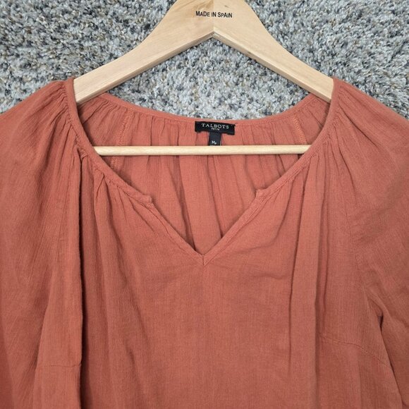 Talbots Top Womens MP Petite Medium Orange V Neck Peasant Blouse Ladies - Picture 7 of 7